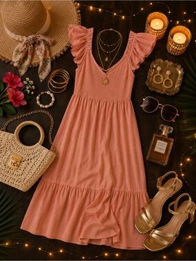 Blush Pink Smocked Flutter Sleeve Maxi Dress | Cottagecore Summer Dress